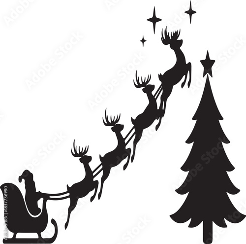 Black vector silhouette illustration of Santa Claus on a sleigh with reindeer antlers for a Christmas design