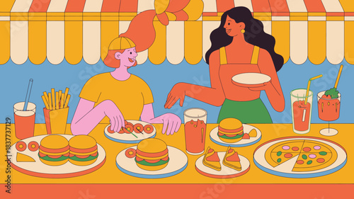 Friends Enjoying Burgers, Pizza, and Drinks at an Outdoor Diner With Retro Style