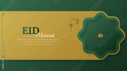 Elegant green and gold Eid Mubarak greeting banner with Islamic patterns, lanterns, decorative frame, and modern festive background design layout