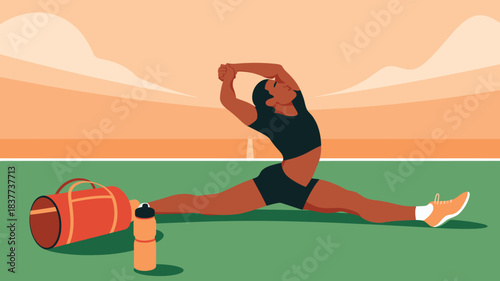 Woman Stretching with Bag and Water Bottle on Green Surface, Athletic Workout Illustration