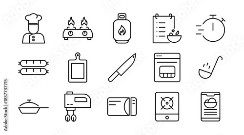 Cooking Line Icon Set. Chef, stove, pan, pot, utensils, knife, cutting board, ingredients, recipe, kitchen, baking, frying, meal, culinary, icons vector illustration. Pixel-perfect stroke