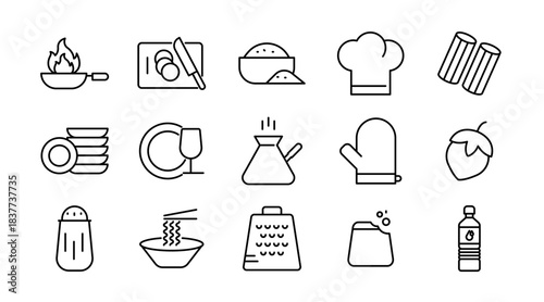 Cooking Line Icon Set. Chef, stove, pan, pot, utensils, knife, cutting board, ingredients, recipe, kitchen, baking, frying, meal, culinary, icons vector illustration. Pixel-perfect stroke