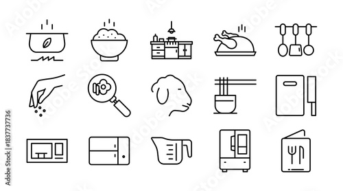 Cooking Line Icon Set. Chef, stove, pan, pot, utensils, knife, cutting board, ingredients, recipe, kitchen, baking, frying, meal, culinary, icons vector illustration. Pixel-perfect stroke