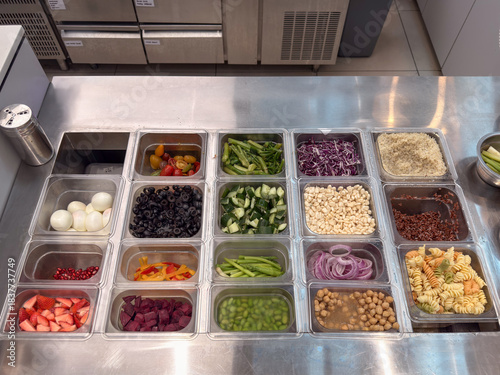 Salad bar display with various fresh ingredients and toppings