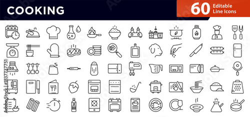Cooking Line Icon Set. Chef, stove, pan, pot, utensils, knife, cutting board, ingredients, kitchen, baking, frying, meal, culinary, vector illustration icons. Editable pixel-perfect stroke