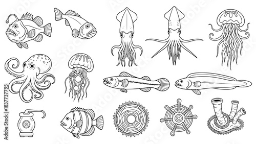 Minimalist black and white illustration showing a guitar neck with a wrench and string roll, representing instrument repair, beside two blank rectangular boxes.