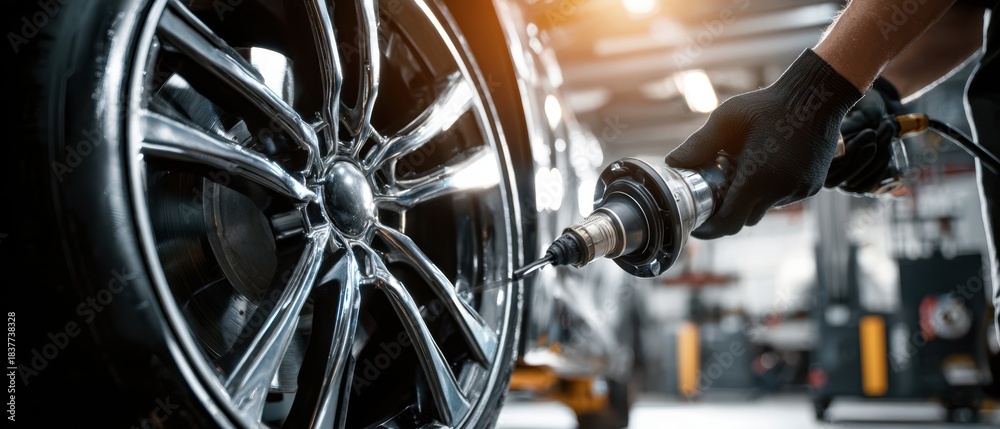 Fototapeta premium The Car Wheel Being Repaired by Mechanic Using an Impact Drill in Auto Garage