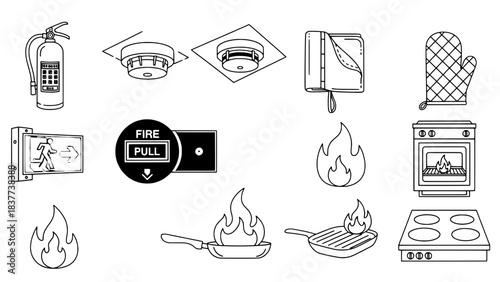 A collection of twelve monochrome, outline and solid black icons depicting various fire safety, kitchen safety, and fire-related elements, arranged on a white background in a grid.