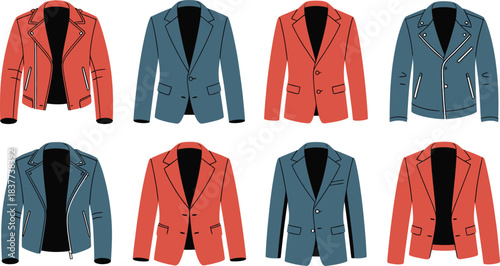 Colorful Blazer and Leather Jacket Illustration Stylish Outerwear Fashion in Blue and Coral