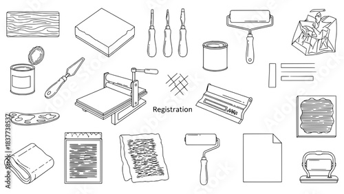 A Collection of 22 Black Outline Printmaking and Art Supplies Icons and Text Elements, Arranged on a White Background in a Flat Line Art Style