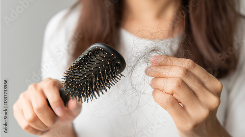 Woman holding comb show her hairbrush with loss hair problem.