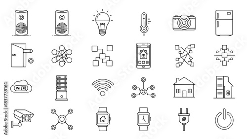 A Grid of 24 Flat Outline Icons Depicting Smart Home Devices, IoT Technology, and Connectivity Concepts