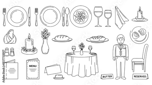Tableware and restaurant icon set with various utensils, plates, glasses, food, and service elements, including a waiter.