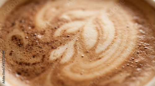 Close up of frothy coffee with latte art and cocoa powder cappuccino hot drink