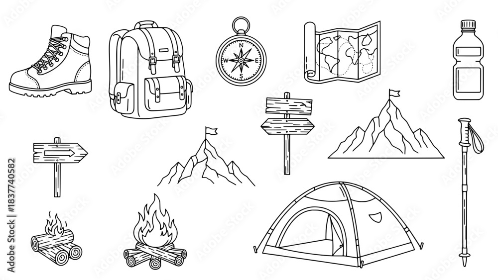 Obraz premium A collection of thirteen black outline vector icons depicting hiking and camping equipment and natural elements, arranged informally on a white background.