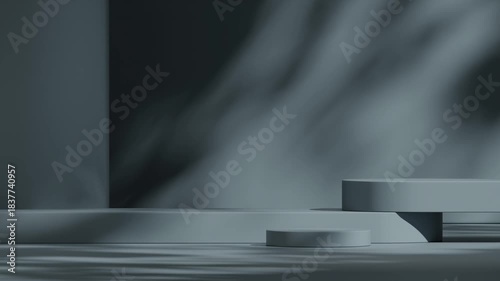 looping seamless shadow animation with minimal scene grey wall, 3d video rendering blank mockup of stacked dark grey podium