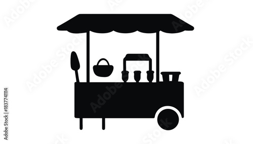 A black silhouette of a food cart with an umbrella and serving utensils is depicted against a white background.