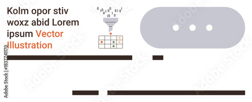 Data processing, information analysis, machine learning, artificial intelligence, database management, data flow visualization. Funnel filtering characters into a grid layout. Data processing