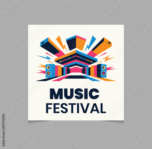 Vibrant music festival stage and speakers graphic design isolated on