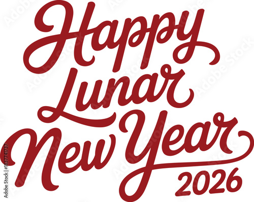 Happy lunar new year 2026 red script typography isolated on white