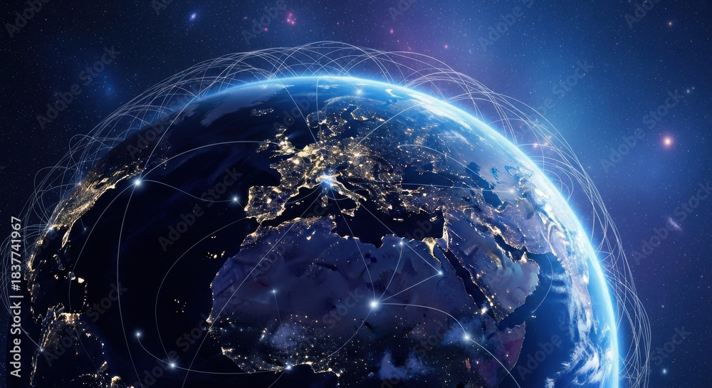 Obraz premium View of the glowing earth planet with city lights from space, the connectivity network surround it. Africa, Europe and Asia continents are visible on a dark starry background