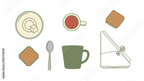 Minimalist Flat Lay of Coffee, Biscuit, and Breakfast Tableware for Cozy Morning Scene