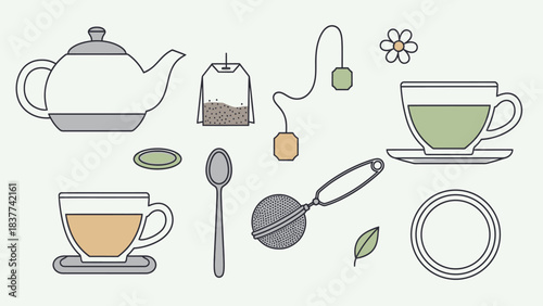 Minimalist Line Art Illustration of Tea and Coffee Elements for Elegant Beverage Branding