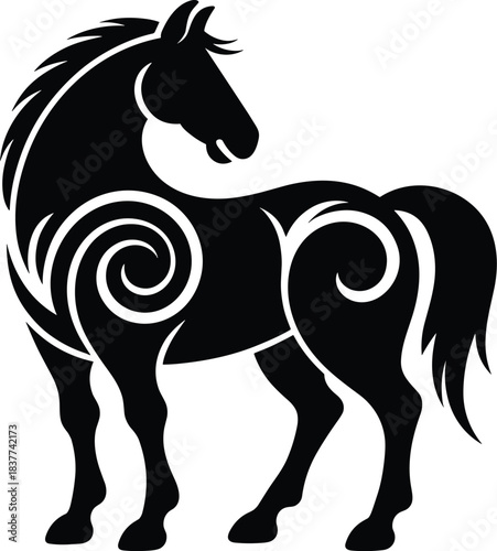 Black silhouette of a stylized horse with tribal swirl patterns, isolated on white