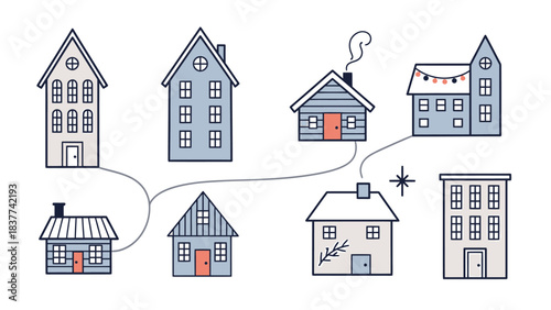 Stylized Line Art of Various Housing Types Including Apartments, Cottages, and Townhomes for Real Estate and Architecture Themes
