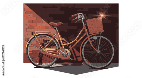 A beautifully illustrated vintage city bicycle with a front basket and a glowing headlight is parked against a textured brick wall at dusk, evoking nostalgic urban charm.