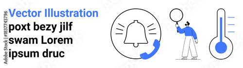 Bell notification, person with balloon, thermometer displaying rising temperature. Ideal for technology, communication, health monitoring, user interface, alert systems, education platforms simple