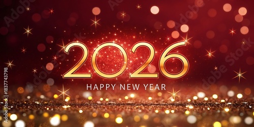 Happy New Year 2026 holiday celebration greeting card with winter snow decoration and colorful star elegant HAPPY NEW YEAR design. 