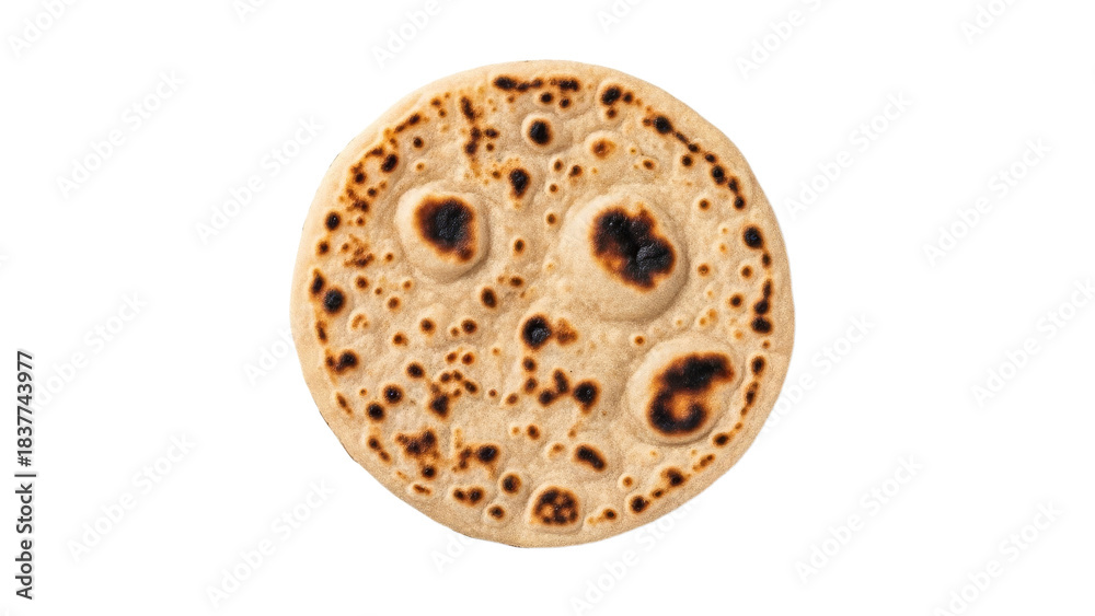 Obraz premium Isolated flatbread or chapati exhibiting a distinctive slightly burnt pattern against a clean white background offering ample workspace