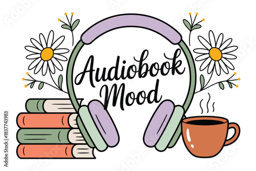 Audiobook Mood with Headphones Books and Coffee, Cozy Listening and Reading Concept