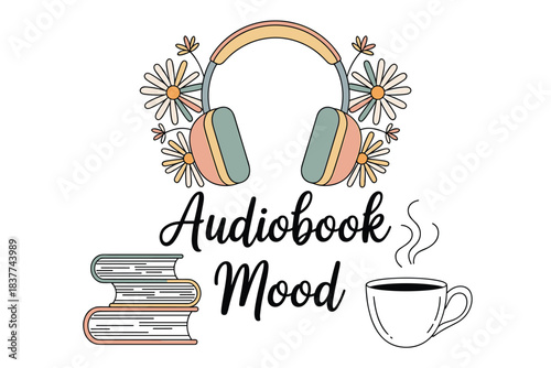 Audiobook Mood with Headphones Books and Coffee, Cozy Listening and Reading Concept