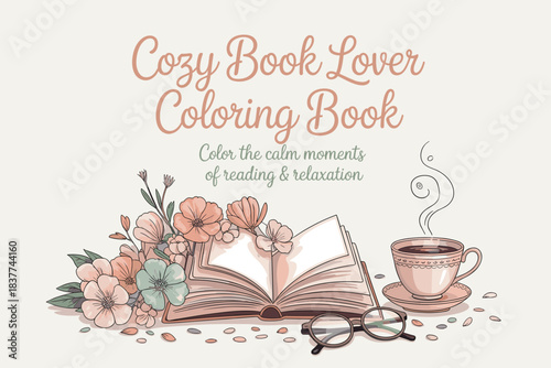 Cozy Book Lover Scene with Coffee and Flowers, Warm Reading Lifestyle Illustration