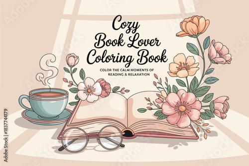 Cozy Book Lover Scene with Coffee and Flowers, Warm Reading Lifestyle Illustration