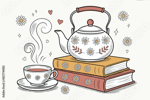 Cozy Book Lover Scene with Coffee and Flowers, Warm Reading Lifestyle Illustration