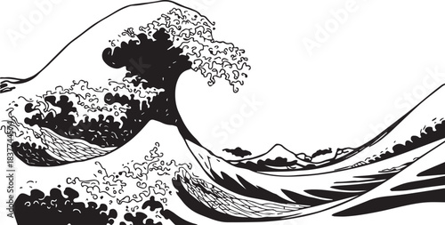 Vintage Japanese Style Great Wave with Mount Fuji