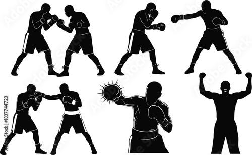 Sport, Fight, Training, and Boxer Knockout Championship Competition Flat Black Line Drawing Illustration.