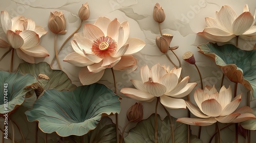 Row of White Gardenias with Gold Leaves and Buds on a Marble Background white flowers floral border