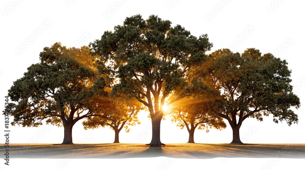 Obraz premium Golden Rays Through the Forest: Sunlight streams through the majestic canopy of a group of mature trees, casting an ethereal glow and highlighting the beauty of nature. 