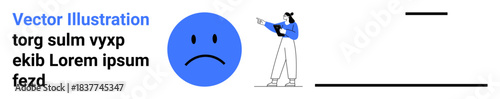 Woman examining large sad face icon with minimal text elements and underlined sections. Ideal for mental health, emotional support, therapy, motivation, communication, stress, simple landing page
