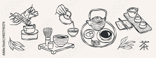 Retro tea ceremony elements collection