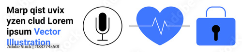 Audio recording, health monitoring, cybersecurity, data protection, fitness tracking, privacy. Microphone, heart with ECG line and lock icon. Communication and health monitoring