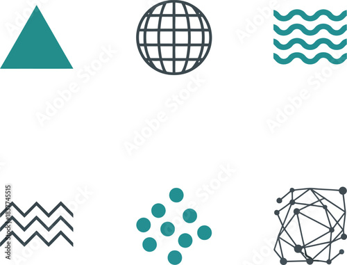 Teal & Grey Vector Icon Set: Globe, Triangles, Waves, Zigzags, and Connected Dots for Tech and Science Graphics.