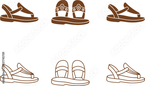 Men's Traditional Brown Sandal and Chappal Vector Icon Set for Footwear Design