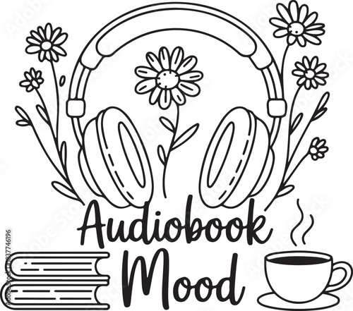 Audiobook Mood with Books Headphones and Tea, Cozy Reading and Listening Concept