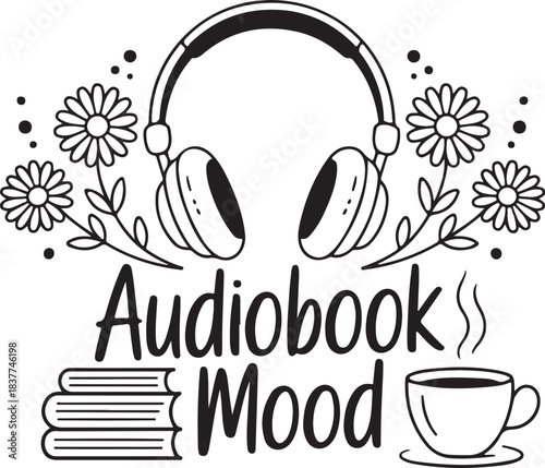 Audiobook Mood with Books Headphones and Tea, Cozy Reading and Listening Concept