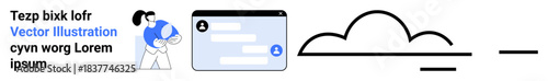 Cloud computing, digital communication, online interaction, user interface design, profile management, messaging services. A person interacting with a chat interface and cloud icon. Cloud computing
